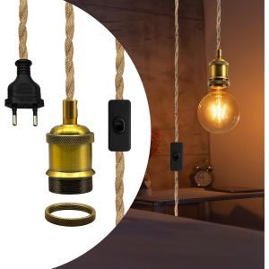 Kal-Suspension Luminaire En Laiton Vintage, Douille Ampoule E27 Avec Corde Chanvre Câble 5.1m, Salon Lustre Chambre, Compatible Avec Abat-Jour, Diy Lampe Suspendue Industrielle, Luminaire Intérieur - Neuf