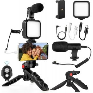 LORANKA-Kit complet de vlogging pour iPhone et Android : kit de d&eacute;marrage YouTube avec microphone, lumi&egrave;re LED, tr&eacute;pied, t&eacute;l&eacute;commande &iquest; Perfect Studio Creator Video Maker pour YouTube, Instagram, Fac - Neuf