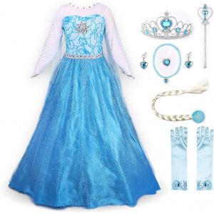Ehnga-Robe Costume Petites Filles Princesse Elsa Déguisement (110cm, Bleu Avec Accessoires) - Neuf