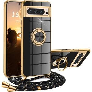 Sansh-Coque Google Pixel 8 Pro Avec Cordon,Coque Google Pixel 8 Pro Avec Collier Silicone Housse 360° Voiture De Bague Magnétique Antichoc Étui Lanyard Case Téléphone Portable Protection Cover Avec S - Neuf