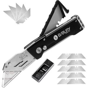 Cutter Professionnel Pliant,Couteau Professionnel Métal fourni Chargeur des Lames sur Poignée,Couteau de Poche avec 15 SK5 Lames Supplémentaire et Mécanisme de Changement Rapide-Noir - Neuf