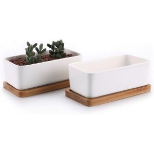 Nouvelhorizonstore-17cm Pot De Succulent En C&eacute;ramique Avec Plateau En Bambou Blanc Lot De 2, Cactus Plante Planteur Cache Pot Jardini&egrave;re Contenant Cadeau Pour Anniversaire Mariage - Neuf