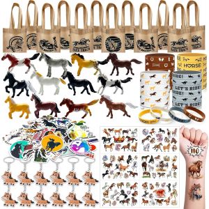 Eryi-110pcs Anniversaire Cheval Jouets Cadeaux - Fournitures De Fête D'anniversaire Pour Chevaux, Porte-Clés, Silicone Bracelet Tatouages Autocollants Sacs Cadeaux Pour Cowboy Cowgirl - Neuf