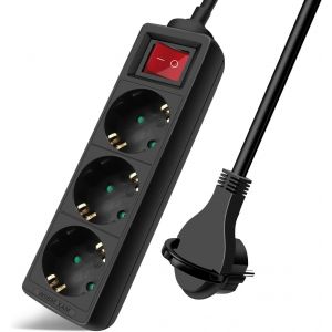 Multiprise avec 3 prises et interrupteur, c&acirc;ble 1,5 m, fiche plate pour la maison, le bureau et les voyages, 16 A, 250 V, 3680 W, noir - Neuf