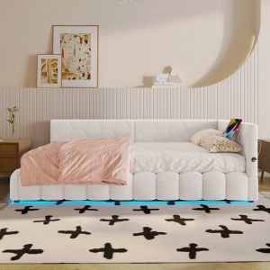 Lit coffre 90x200 avec bandeau lumineux led avec m&eacute;canisme de levage hydraulique port usb type c mat&eacute;riau confortable imitation polaire blanc - Neuf