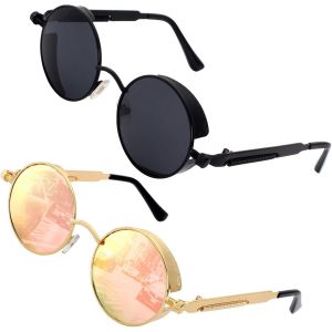 Lunettes de soleil rondes polaris&eacute;es UV400 en m&eacute;tal r&eacute;tro Steampunk pour homme et femme, l&eacute;g&egrave;res 60 g, avec &eacute;tui en microfibre et accessoires - Neuf