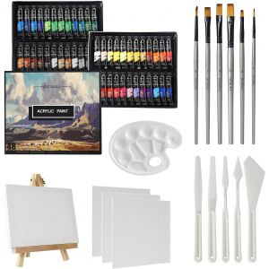 Jexnovashop-48 Tubes De Peinture Acrylique De 12 Ml Avec 6 Pinceaux, Couteaux,Toile, Chevalet, Pour Peinture D'artiste Sur Bois, C&eacute;ramique, Tissu, Travaux Manuels Gc-Apk48 - Neuf