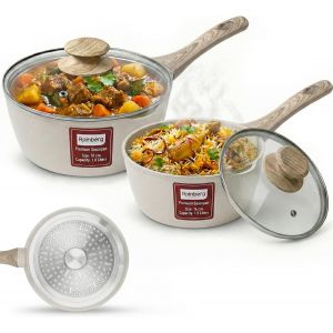 Subzonal-Casserole Avec Couvercle, Casserole &Agrave; Lait Antiadh&eacute;sive, Compatible Avec Plaques &Agrave; Induction, Gaz Et &Eacute;lectriques, Casserole Avec Bec Verseur (Beige, 2 Pi&egrave;ces, 16 Et 18 Cm) - Neuf