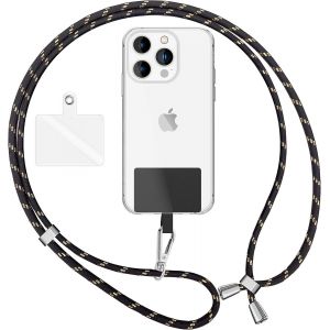 KAL-Lanière Universelle Coloré Pour Telephone Portable, Cordon Tour De Cou Pour Smartphone, Porte Clef Chaine Réglable Avec Crochet Métallique E Carte, Sangle Pour Épaule, Couleur:Noir Or - Neuf