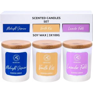 SANSH-Bougie Parfumée Jasmin - Vanille - Lavande - Ensemble de Bougies Aromatiques 3x100g - Bougie de Cire de Soja à Extrait Naturel de Vanille - Bougie aux Huiles Essentielles - Aromathérapie - Neuf