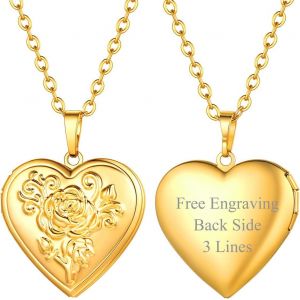 Kal-Collier Porte Photo Femme Pendentif Coeur Avec Motifs Personnalisable Chaîne Plaqué Or 50+5cm/2,5mm Bijoux Tendance Cadeau Anniversaire Noël Fête Des Mère - Neuf