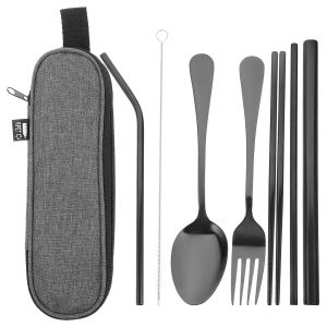 Ensemble D'ustensiles De Voyage Portables En Acier Inoxydable - Vaisselle De Camping, De Pique-Nique Et De Barbecue Avec Pailles Et Brosse De Nettoyage - Neuf