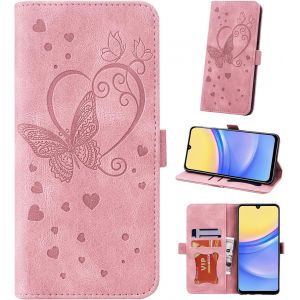 Kal-Coque Pour Samsung Galaxy A15 4/ 5g 6.4"" Etui, Couverture De Feuillette Mobile Housse En Cuir Pu Butterfly Avec Bracelet Pour Galaxy A15 2023 Sm-A155f Sm-A156b, Rose - Neuf