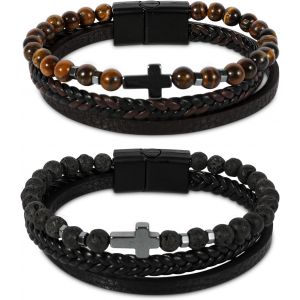 Eryi-Bracelet Homme Cuir Tressé 2pièces Noir Marron Bracelet Perle 6mm Bracelet Oeil De Tigre Homme Bracelets Pierre Personnalisé Bracelets De Perles Homme Femme Accessoire Cadeau Anniversaire - Neuf