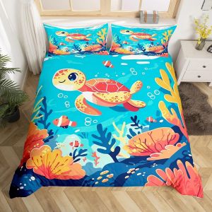 Sjzg-Housse De Couette 140x200 Enfant Ado Tortue De Mer, Parure De Lit Animaux De Dessins Anim&eacute;s Mignon, Sets De Housses De Couettes Oc&eacute;an Poisson De Mer, Couvre Lit Rose Marine Corail - Neuf