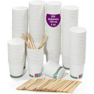 Kal-200 Gobelets À Café Jetables En Carton Blanc 120 Ml Gobelets Jetables En Carton Blanc Avec Agitateurs À Café En Bois. Pour Les Boissons Chaudes Et Froides. - Neuf