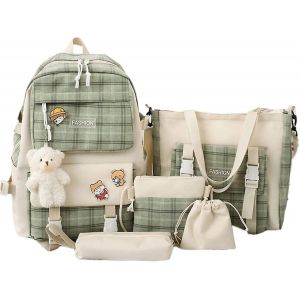 Sac &agrave; outils, sac &agrave; dos d'&eacute;cole vert avec bo&icirc;te &agrave; lunch, ensemble de 5 sacs &agrave; dos en toile mignons, sac pour ordinateur portable esth&eacute;tique &agrave; carreaux, avec pendentif mignon - Neuf