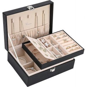 Organisateur De Boîte À Bijoux Pour Femmes,Présentoir À Bijoux En Cuir Pu À 2 Niveaux Avec Plateau Amovible Pour Colliers,Boucles D'oreilles,Bagues,Bracelets,Noir - Neuf