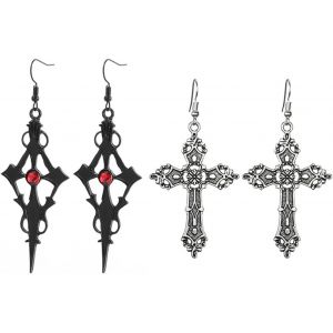 2 Paires De Boucles D'oreilles Croix Gothique Boucles D'oreilles Pendentif Croix Baroque Christ Boucles D'oreilles Femmes - Argent Noir - Neuf