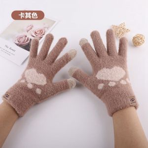 Gants De Ski Femme Hiver Doux Et Chauds Avec Capteurs Tactiles, Motifs De Pattes De Chat, En Beige Et Gris, Tissu &Eacute;lastique Et Confortable Pour Protection Optimale Contre Le Froid,Kaki - Neuf