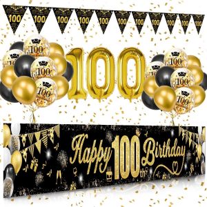 CAUC-D&eacute;corations Anniversaire 100 ans pour Hommes et Femmes, Or Noir Banni&egrave;res Joyeux 100 ans Anniversaire Num&eacute;ro 100 Ballons en Or Noir Ballon de Confettis Banni&egrave;re de Drapeau Triangle de Feux D'art - Neuf
