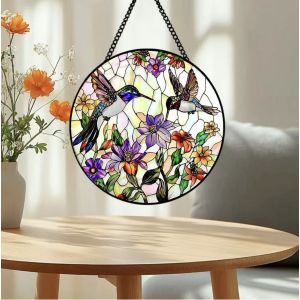 Attrape Soleil Suspendu en vitrail Rond - 20x20cm pour fen&ecirc;tre, F&ecirc;te des M&egrave;res, Pendaison de cr&eacute;maill&egrave;re - Neuf