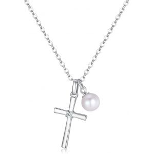 Collier Argent 925 Femme,Collier Croix Chr&eacute;tienne,Collier Perle D'eau Douce Femme - Neuf