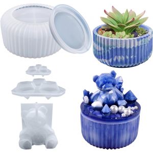 1 Set Moule &Agrave; Bougie En B&eacute;ton Moule En Silicone Bougeoir Moule Coul&eacute;e Pot De Bougie Avec Ours Couvercle Moule Resin Epoxy Moulage Coupe &Agrave; Bougie Pour Diy Coul&eacute;e Bougies Pot De Fleurs - Neuf