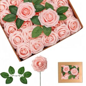 25pcs Roses Artificielles Poudre,En Mousse Faux Roses Avec Tiges,Rose Artificielles Cimetiere,De Faux Ivoire Rose Pour Deco Mariage,D&eacute;coration D'anniversaire,Saint Valentin,D&eacute;coration De G&acirc;teau - Neuf