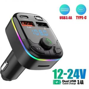 Chargeur de voiture transmetteur FM Bluetooth 5.0 PD type-c double USB lecteur ambiant mains libres chargeur MP3 type-c lumière sans fil C9 - Neuf
