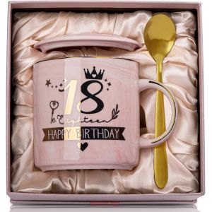Eryi-18e Anniversaire Fille, Joyeux 18e Anniversaire, Tasse À Café De 35 Ml Avec Impression Dorée, Cadeaux Amusants Pour 18 Ans Fille Fille, Avec Couvercle, Carte De V?ux, Cuillère Dorée, Boîte Cadea - Neuf