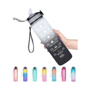 Bouteille D'eau De Fitness Noire De 1 L Avec Marquage Du Temps - Motivante, Étanche, Durable, Utilisable D'une Seule Main, Idéale Pour Les Athlètes Et Les Personnes Actives. - Neuf