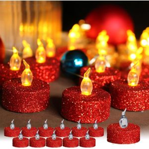 Sjzg-Lot De 12 Bougies Chauffe-Plat &Agrave; Led Sans Flamme - Bougies Led Vacillantes - Piles Incluses Pour F&ecirc;te De Mariage, Anniversaire, Fian&ccedil;ailles, D&eacute;coration Rouge Paillet&eacute; - Neuf