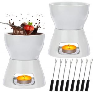 Subzonal-Lot De 2 Sets Fondue En C&eacute;ramique Blanc, Caquelon Blanc En Porcelaine Avec 8 Fourchettes En Acier Inoxydable, Fondue Au Chocolat Et Fromage Pour F&ecirc;tes, Dessert, D&icirc;ner Et Pique-Nique, 400ml - Neuf