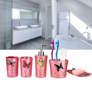 HJLIAN Ensemble d'accessoires de salle de bain 5 pieces?: porte-brosse a dents, gobelet de rincage, flacon de lotion (rose) - Neuf