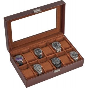 Kal-Boite À Montre Antichoc, Coffret Montre Homme Avec 12 Emplacements Coussins Montre, Rangement Montre Avec Couvercle En Verre, Pour Passionné D`Horlogerie -Marron - Neuf