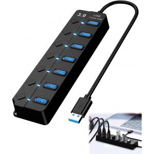 7 Port Hub USB 3.0 5Gbps avec Interrupteur Individuels et LED, Multi Port USB Hub Multiprise Adaptateur Data DC 5V Hub USB Alimenté avec Cable 26 cm pour PC, MacBook, Xbox, Clavier, Disque U etc. - Neuf