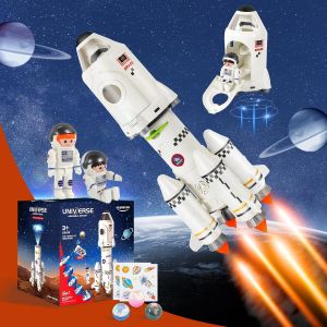 Navette Spatiale Espace Jouet, 5 En 1 Mission Spatiale Fusée Jouet, Stem Jeu Jouets Vaisseau Spatial, Jouet Construction Fusée Spatiale Avec Lumineux, Astronaute Et Projecteurs Pour Enfants - Neuf