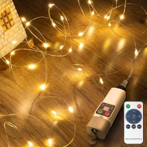 TRAHOO-Guirlande Lumineuse &agrave; piles rechargeables, 10M 100 LED fil de cuivre Guirlande lumineuse d'int&eacute;rieur rechargeable par USB avec t&eacute;l&eacute;commande, Pour chambre mariage f&ecirc;te No&euml;l, d&eacute;coration d'arbre - Neuf