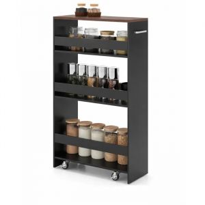 Desserte de Cuisine Etroit 25 cm COSTWAY, Roues avec Freins, Chariot de Rangement &agrave; 4 Niveaux avec Poign&eacute;e Lat&eacute;rale, Noir et Brun - Neuf
