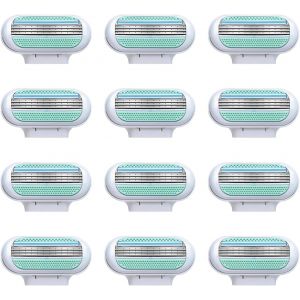 12 Pi&egrave;ces Recharge De Lames Pour Femme, 3 Lames Avec Bande Lubrifiante Compatibles Manches, Rasage Pr&eacute;cis Et Doux, Id&eacute;ales Pour Peaux Sensibles, Peau Lisse Et Prot&eacute;g&eacute;e, Anti-Irritations, Bleue - Neuf