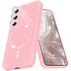 Sjzg-Coque Magn&eacute;tique Pour Samsung Galaxy S25 Etui &Agrave; Paillettes Brillant Compatible Avec Magsafe Charge Sans Fil Housse De Protection Antichoc Pour Appareil Photo Glitter Silicone Tpu Souple,Rose - Neuf