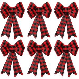 6 Pi&egrave;ces Grand Couronne De No&euml;l Arc Buffalo Plaid De No&euml;l Bow Plastique De Pvc De No&euml;l Carreaux Emballage Arc Pour No&euml;l Int&eacute;rieure D&eacute;corations Ext&eacute;rieures - Neuf