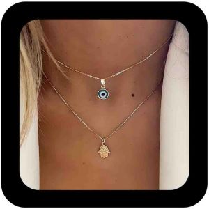 Kales-Collier Oeil Maléfique En Or Collier Ras Du Cou Collier Pendentif Hamsa Collier Oeil Turc Chaine Collier Oeil Chanceux Collier Chaine Superposée Collier Ras Du Cou Bijoux Pour Femmes - Neuf