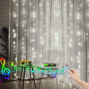 JGD-Rideau lumineux pour fen&ecirc;tre - 2 m x 2 m - Guirlande lumineuse - Cascade - Fonctionne avec piles - T&eacute;l&eacute;commande - Synchronisation de la musique activ&eacute;e par le son - Blanc - Neuf