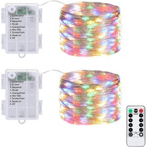 TRAHOO-Guirlande lumineuse LED &agrave; piles, 50 LED, 5 m, micro guirlande lumineuse d'int&eacute;rieur avec minuterie et t&eacute;l&eacute;commande, 8 modes, &eacute;tanche, fil argent&eacute;, pour f&ecirc;te, mariage, balcon, multicolore - Neuf