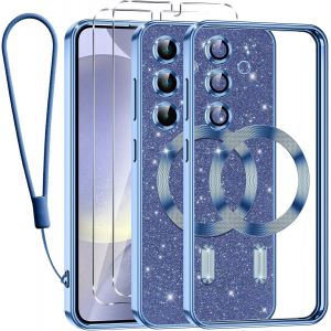 SJZG-Glitter Magn&eacute;tique Pour Samsung Galaxy S24 Plus 5G Con Cordon, [Compatible Avec Magsafe] Antichoc Brillant Paillet&eacute; Souple Couqe Pour Samsung S24 Plus 5G Avec 2 Pi&egrave;ces Verre Tremp&eacute; &Eacute;tui, Bleu - Neuf