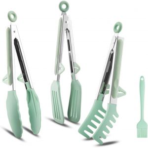 Tianyi-Pince Cuisine,27cm Lot De 3 Pince Cuisine Inox En Acier Inoxydable Avec Support,Silicone Alimentaire Sans Pince Barbecue Pour Griller,Barbecue, Buffet,Antidérapante, Lavable En Machine (Vert) - Neuf