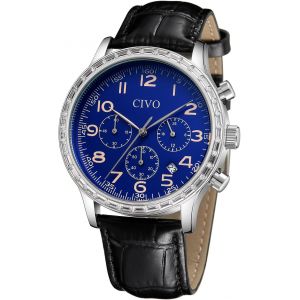 Eryi-Montre Bracelet Homme En Cuir Etanche 3atm Mouvement À Quartz Montre Pour Homme Analogique Chronographe - Neuf