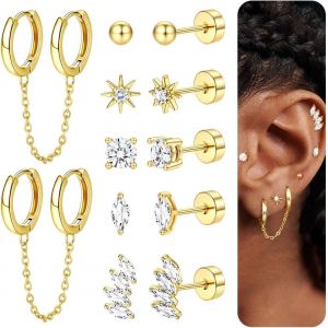 6 Paires Lot Boucles D'oreilles Femme Acier Inoxydable 316l Hypoallergénique Piercing Oreille Clous D'oreilles Plaqué Or 14k Boucles D'oreilles Creoles Avec Chaîne Piercing Cartilage Helix.[X270] - Neuf